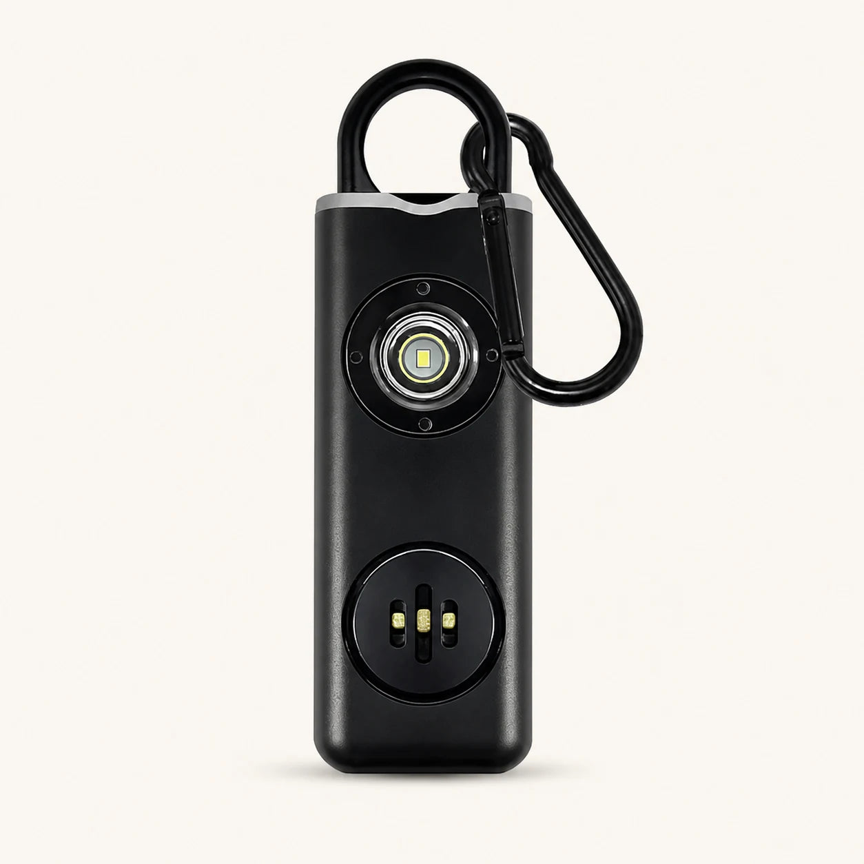 Black PullAloud personal alarm with pull ring, front light, and attachment clip
